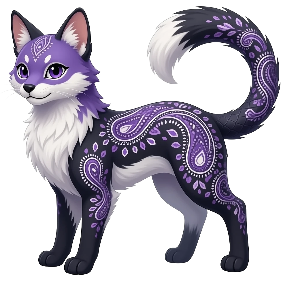 Paisley-patterned Slim elegant realistic Asian Furry, feathery fluffy tropical flecked painted feathery scaly, Purple, white, black, Minccino-Bambino-Lykoi-Linoone-Zangoose-fusion-hybrid-animal-Fakémon-creature, full body, thin long sleek scaly tail, intricate markings emoji