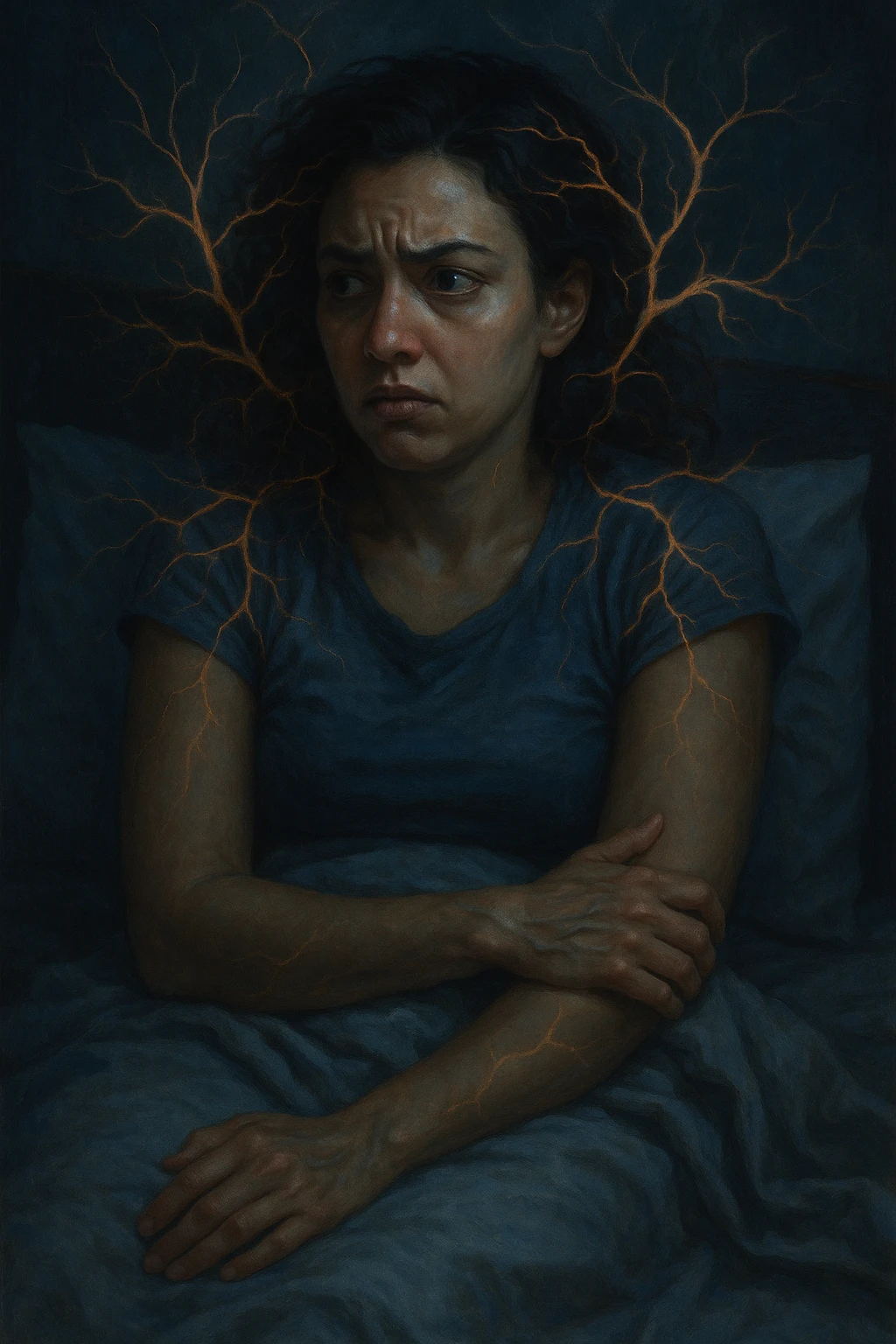 realistic and cinematic vertical illustration of a woman with PCOS in bed, agitated and insomniac, with symbols of nervous system imbalance, nighttime atmosphere, very few writings, 2:3 aspect ratio emoji