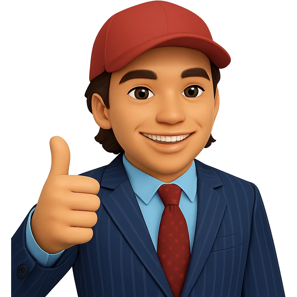 Create a 50% realistic emoji of a smiling man in a pinstripe suit and red cap, giving a thumbs up. The style should blend emoji and realism with a clear stylized look and some realistic details. Transparent background. emoji