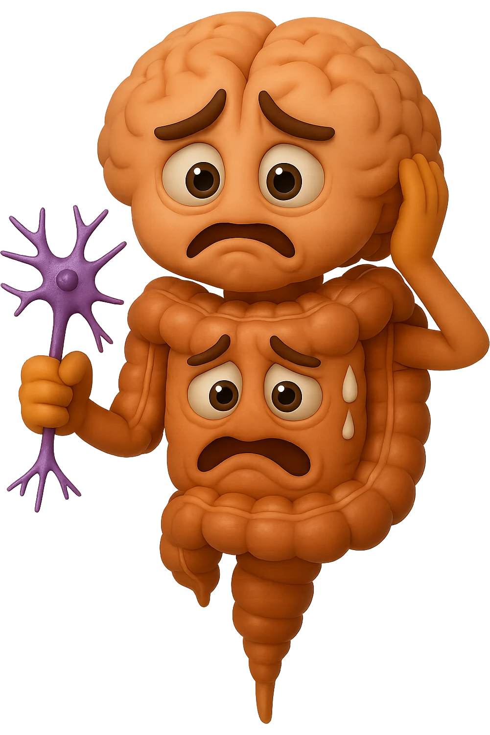 EMOJI STILE IPHONE DI UN INTESTINO collegato verticalmente ad un cervello mentre tiene in mano un neurone, espressione stressata, IPERREALISTICO 4K emoji