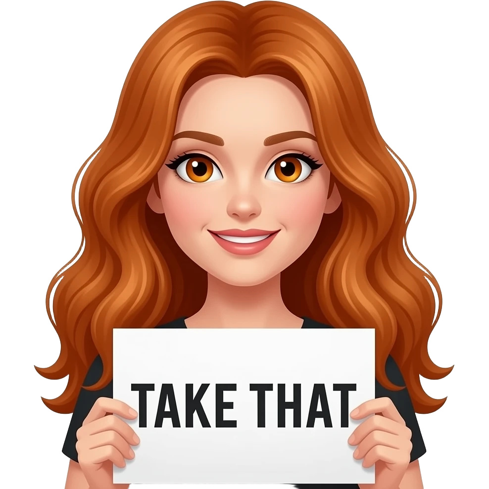 a sexy girl with long wavy ginger hair and ginger eyes is holding a TAKE THAT sign emoji