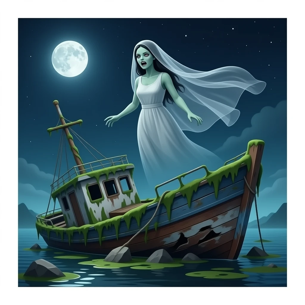 cinematic realistic - a broken boat with a terrifying female apparition around which a transparent veil flutters hovers over a wrecked boat covered in algae emoji