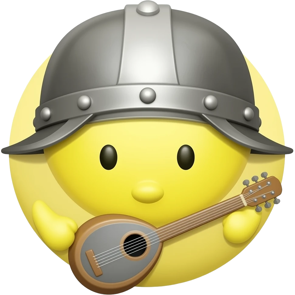 verry round yellow face emoji with a "medieval bard hat" and a "medieval bard instrument", "no arms nor hands" emoji