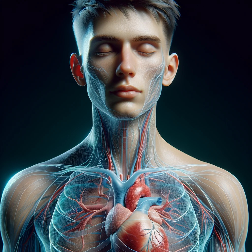 corpo umano anatomico con capelli corti in perfetta salute con gli occhi chiusi ed espressione serena, cuore e organi in evidenza, iperrealistica 4k emoji