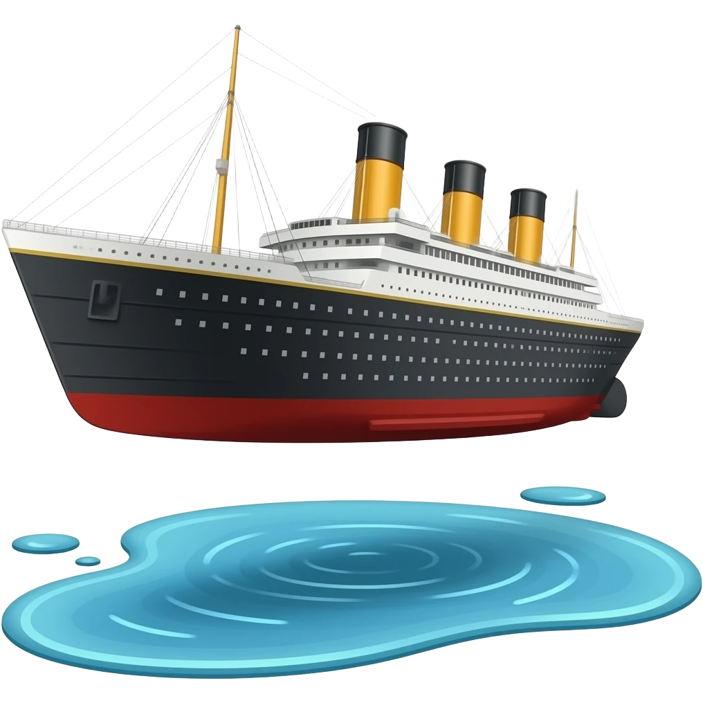 The ship Titanic flies above a shallow puddle of water - horizontally emoji