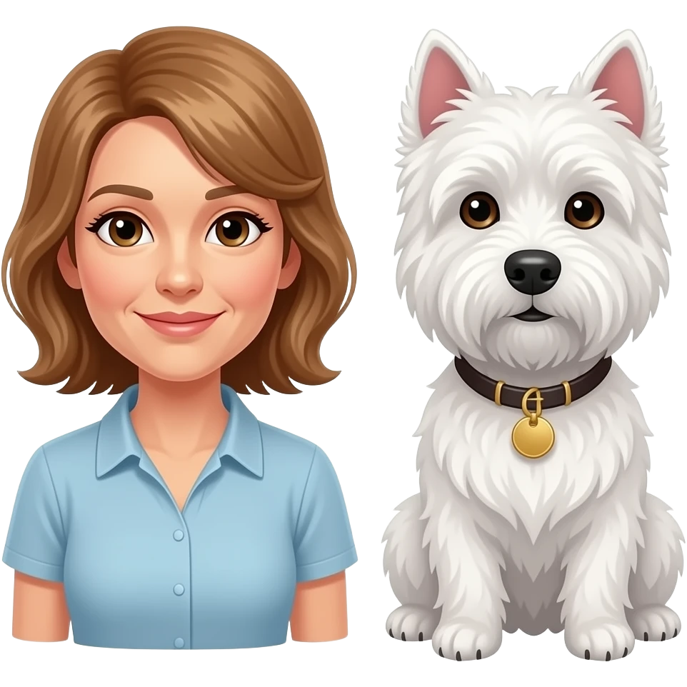 Middle age woman brown eyes , shoulder length light brown hair, with a female westie and a male westie emoji
