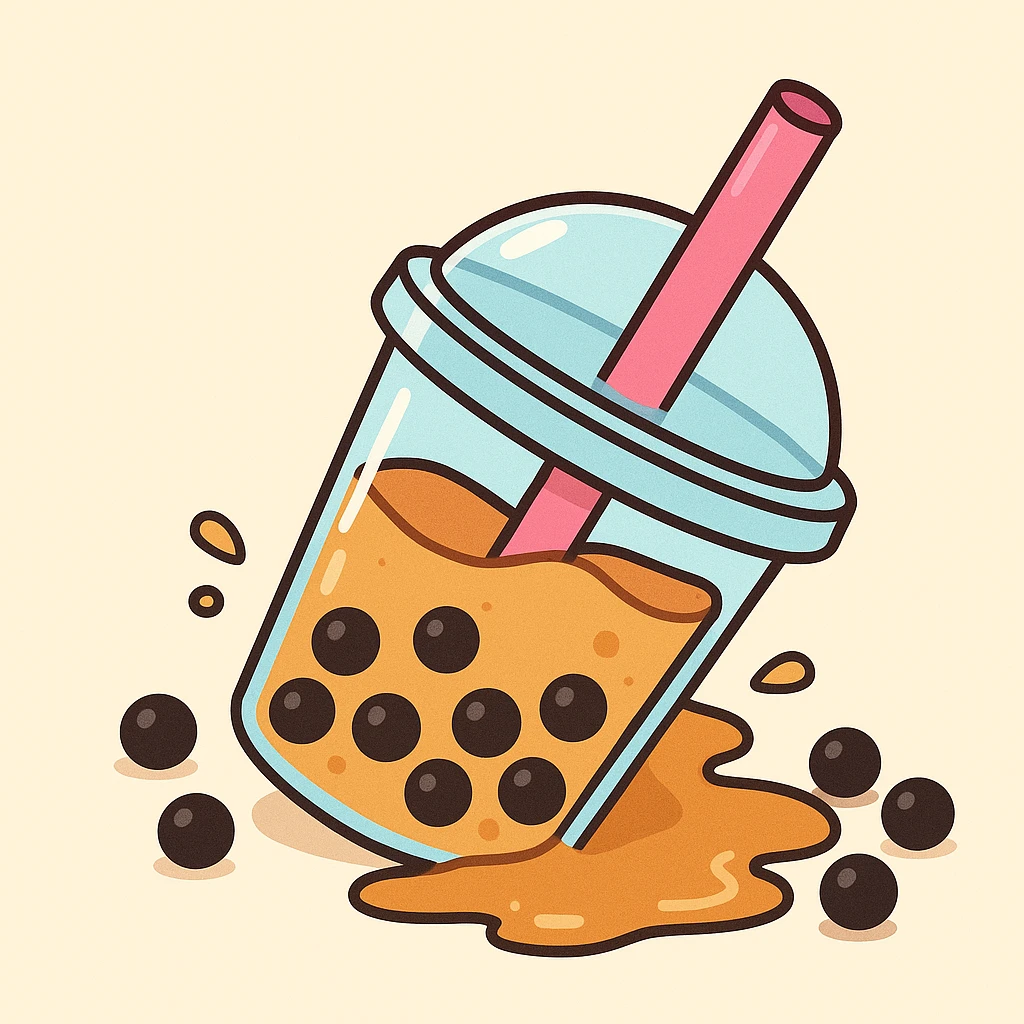 spilled boba tea, cup on its side, tea and pearls flowing out, fun and simple emoji