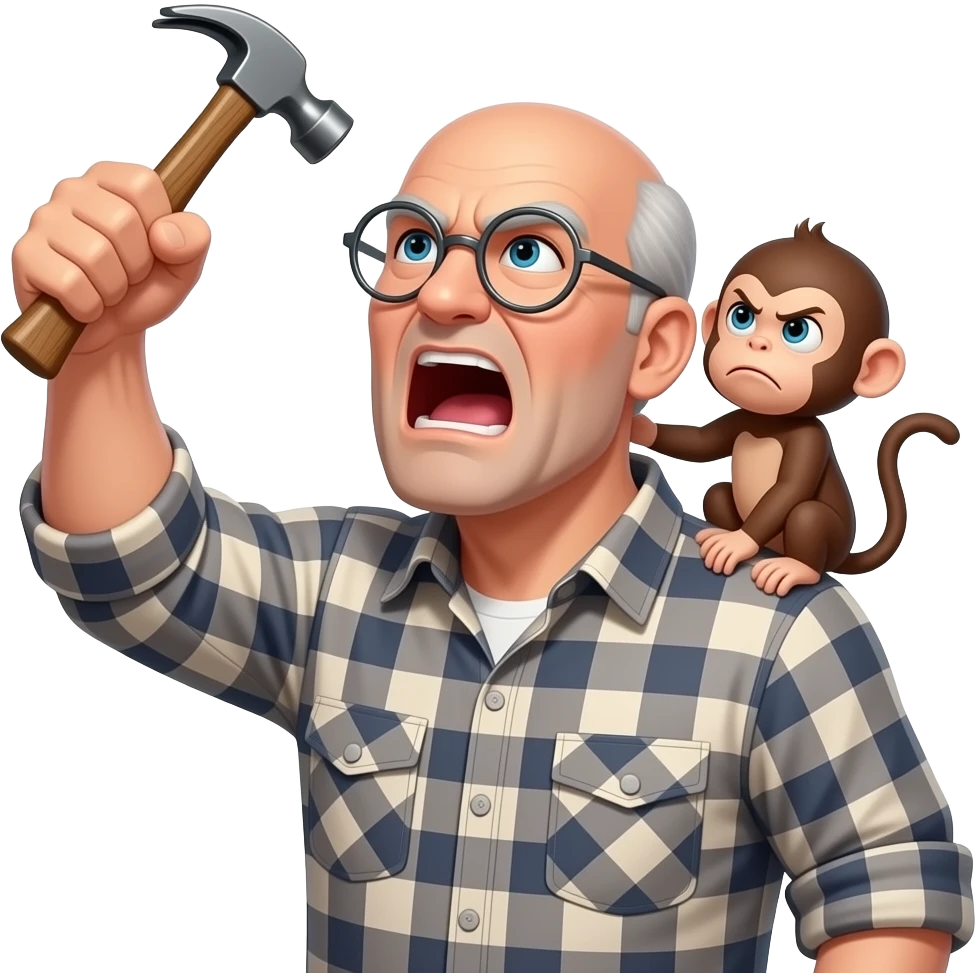 Angry old man with a plaid shirt with silver round glasses balding, no beard or mustache yelling at the sky and shaking his fist angrily at the sky holding a hammer in his LEFT hand and a angry baby monkey on his shoulder. emoji
