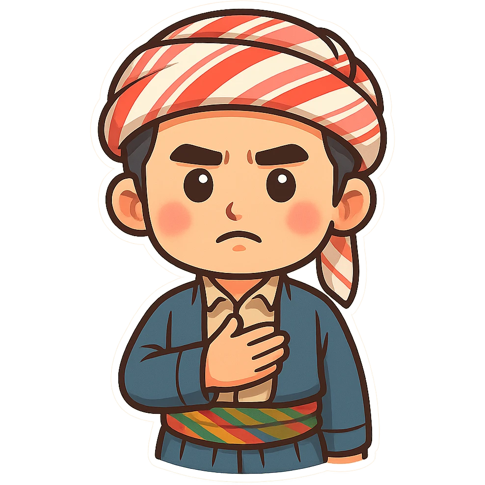 cartoon sticker of a Kurdish man in traditional clothing, hand on chest (salute) pose, serious face, colorful and cheerful, no text, suitable for WhatsApp and Instagram emoji