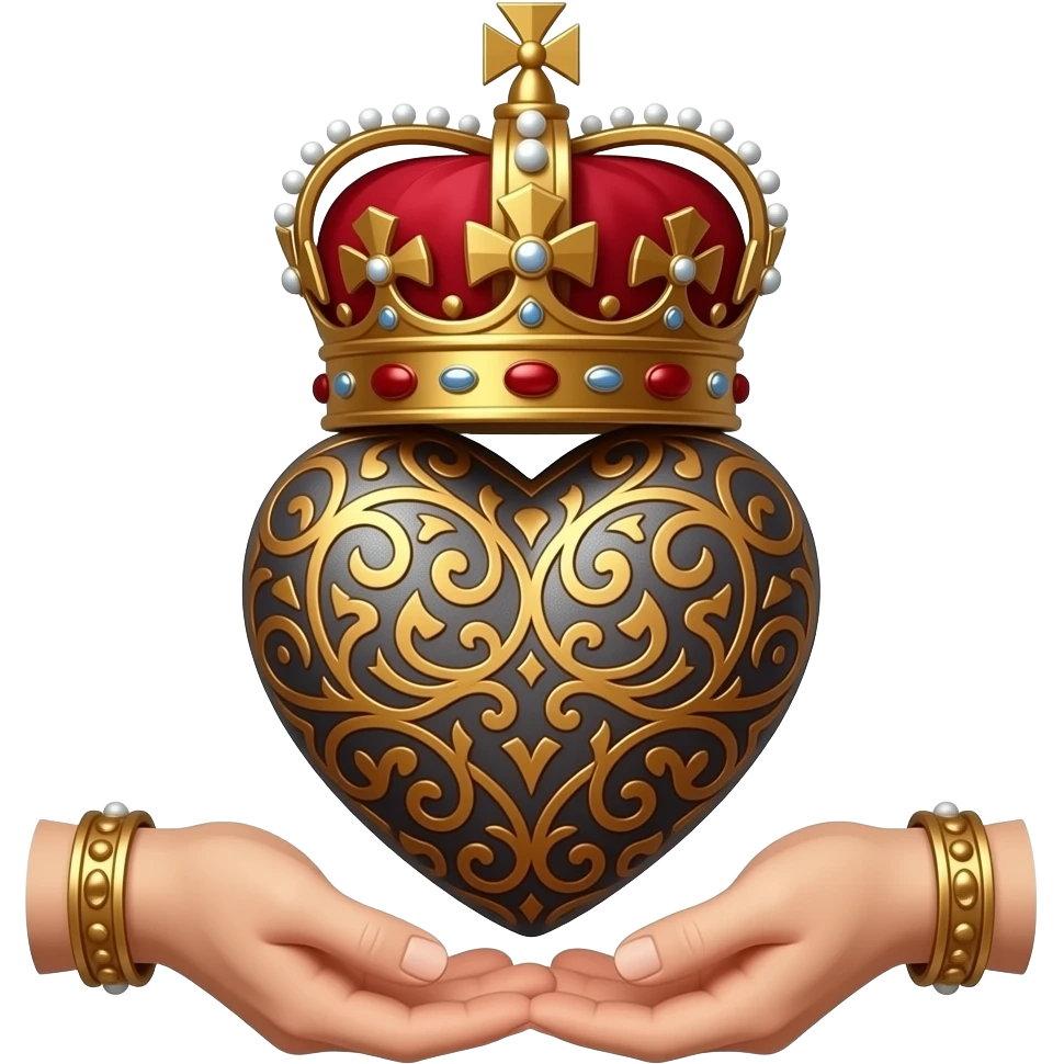 two elegant  hands with bronze bracelets touch with their fingers (fingers are facing down and palms are facing up)  a rusty heart richly ornamented with arabesques with a richly decorated royal crown, dramatic lighting - backlight emoji