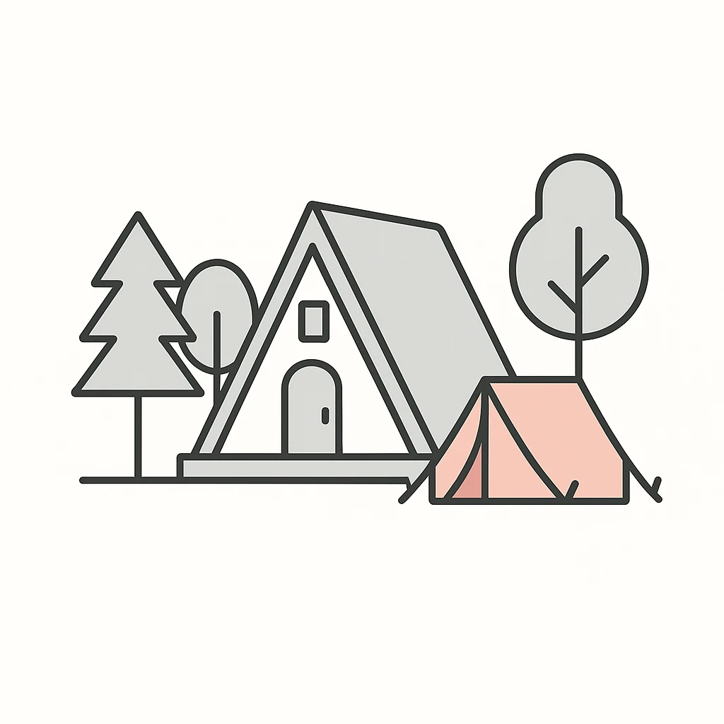 A-Frame house in a glamping site, minimalist style, with trees and a tent nearby, clean lines and soft colors emoji