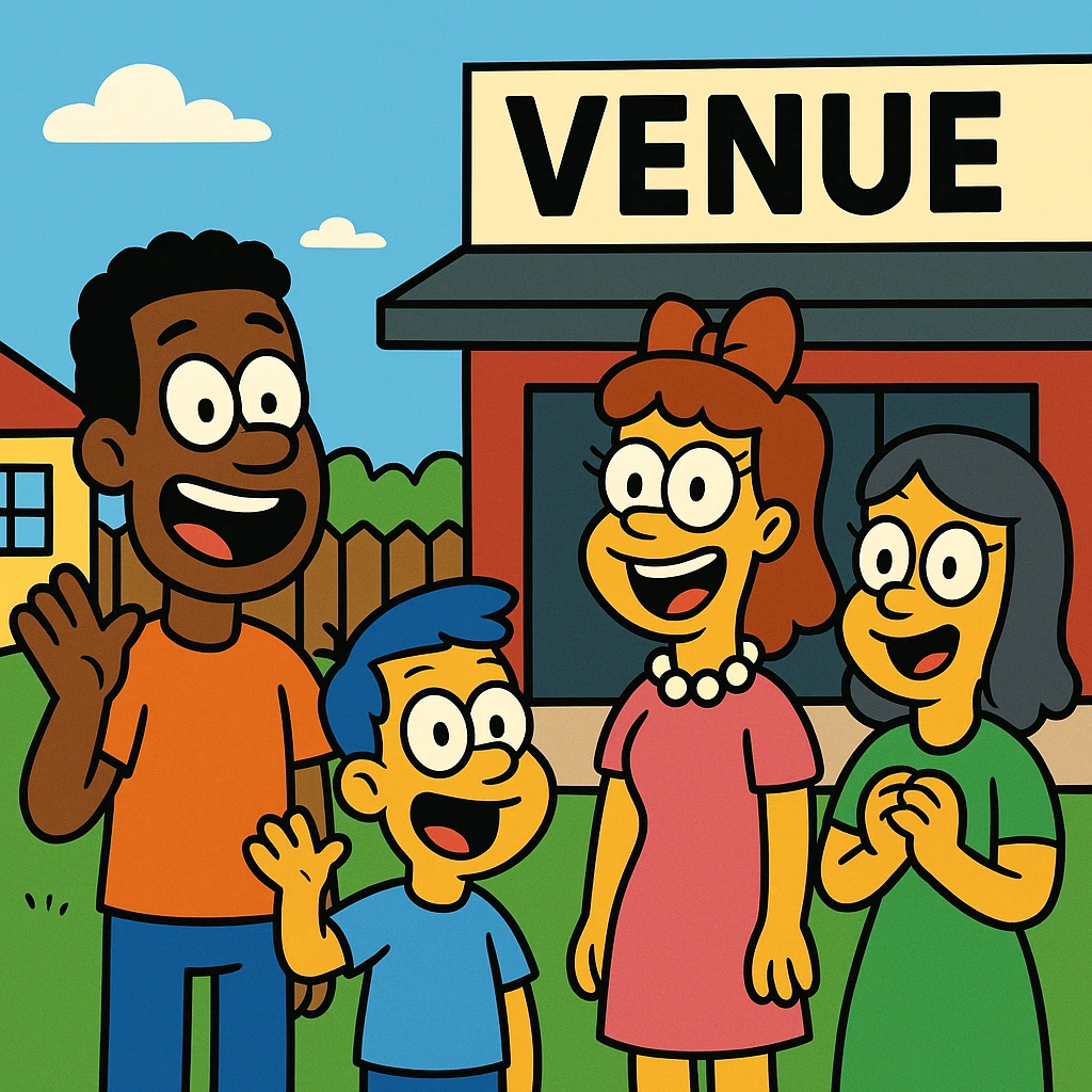 Venue – a place where an event happens.
The concert will take place at a new venue downtown. emoji