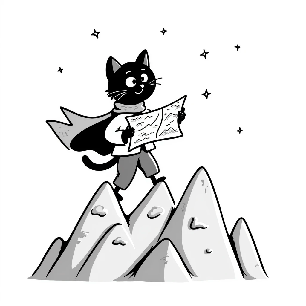 Adventurous cat explorer holding a map, standing on mountain ridge with stars in background, light clothing and cape blowing in wind, looking into the distance emoji