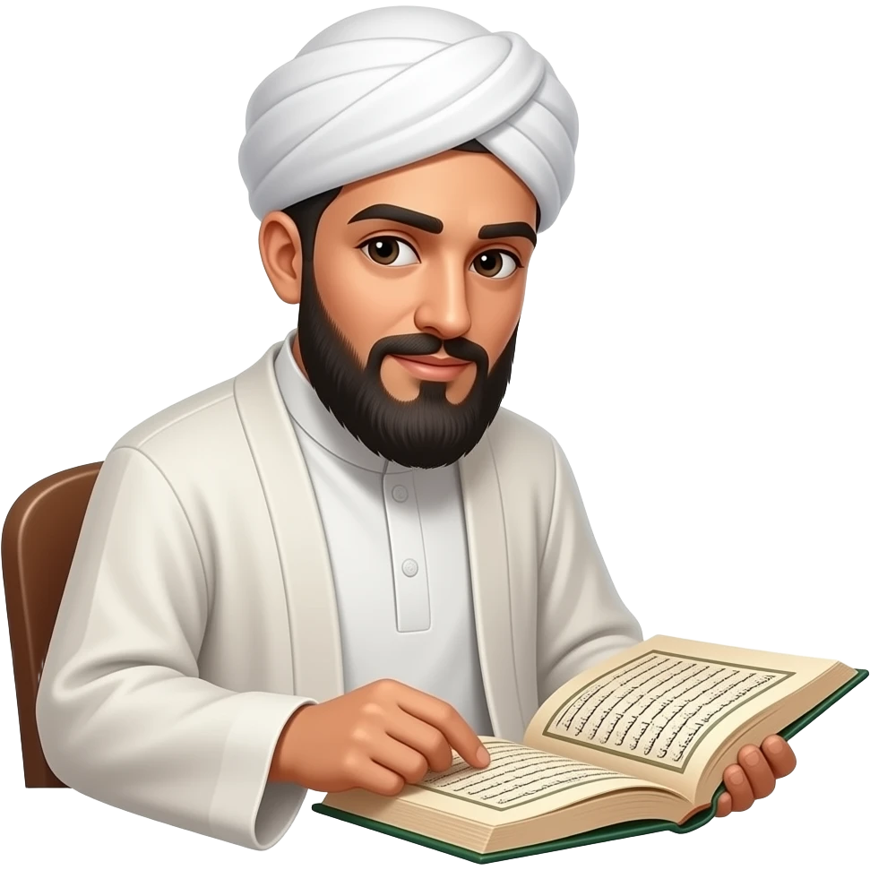 A realistic emoji-style character of a traditional Muslim usthad, wearing a white robe and turban, sitting in a peaceful study environment, carefully reading and reflecting on a classical Hadith manuscript. emoji