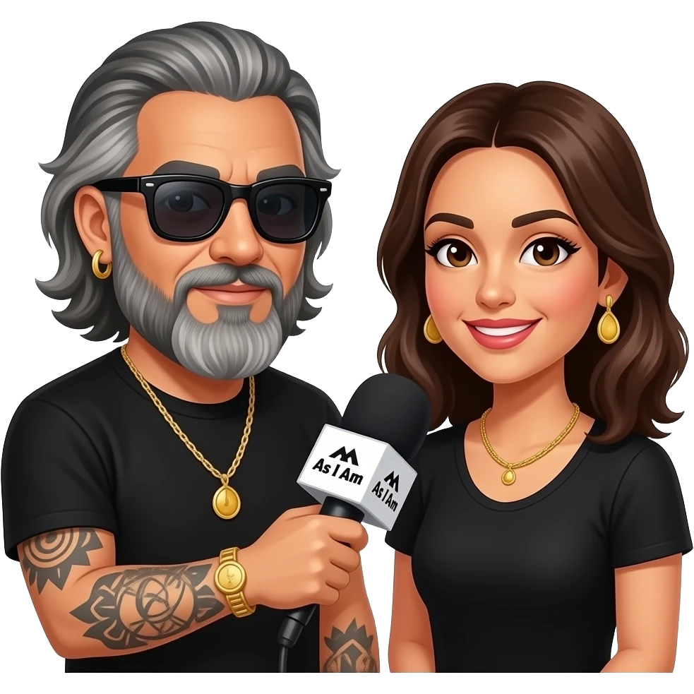 A podcast host, a handsome Latino man with medium length hair, a graying long beard, tattoos, hoops in his nose and ear,  and jewelry, all in black with sunglasses, interviews a woman in front of a microphone with a logo reading "As I Am." emoji