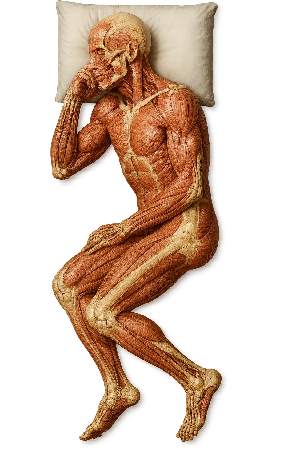 corpo umano anatomico CON TESTA SUL CUSCINO PERCHé STA DORMENDO, VISTO DALL'ALTO, iperrealistico 4k emoji