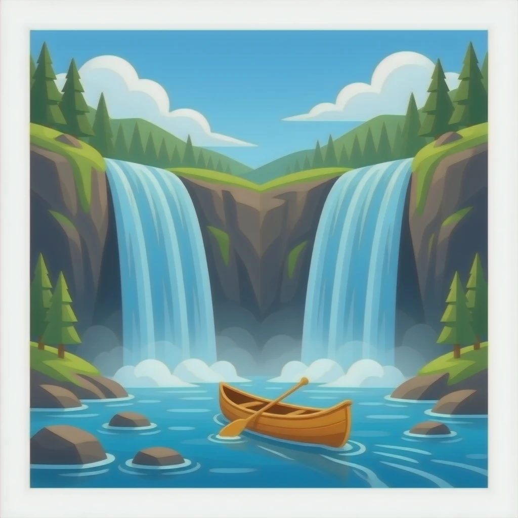 canoe entering a high waterfall dividing the water in two emoji