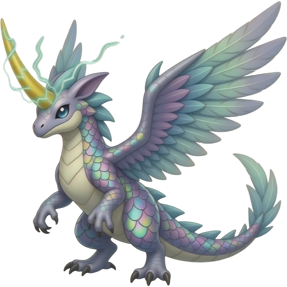 Raptorik scaley feathery horned Amaura-Aurorus-Heliolisk-ExVeemon-WereGarurumon-Pokémon-Fakémon-hybrid-fusion-creature, full body emoji