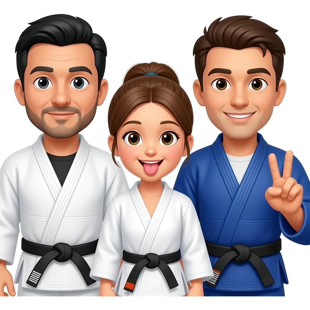3 judo friends: one is a 40 years-old man with short black hair and a nice medium-short beard, in the middle a girl with brow-blondish hair in a pony tail who is sticking out her tongue, and on the right another 26 years-old guy with dark-brown hair who is making the peace sign with his hand emoji