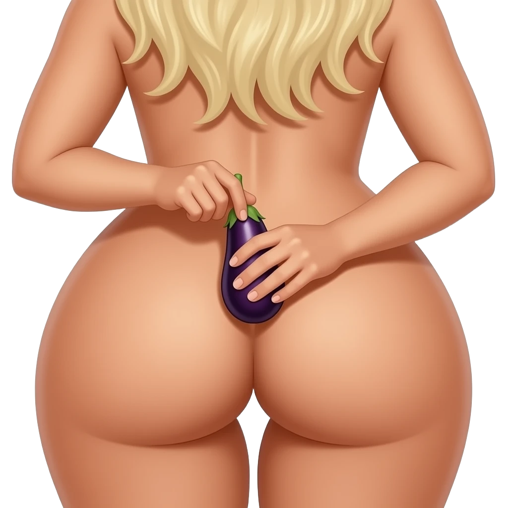Curvy, big butt, very busty, big breast,light skin,Latina Woman with long blonde hair, she is Naked,NUDE full body exposed, head to toe,  she is inserting an upright eggplant in her fully visible Vagina emoji