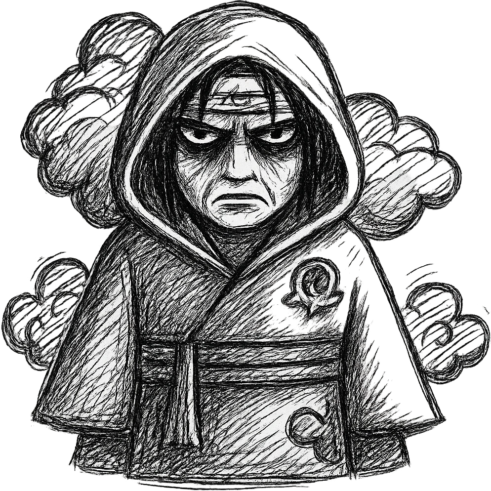 Make this Itachi Uchiha emoji scary, with a sinister Akatsuki cloak, red clouds swirling, and a chilling expression, no background. emoji