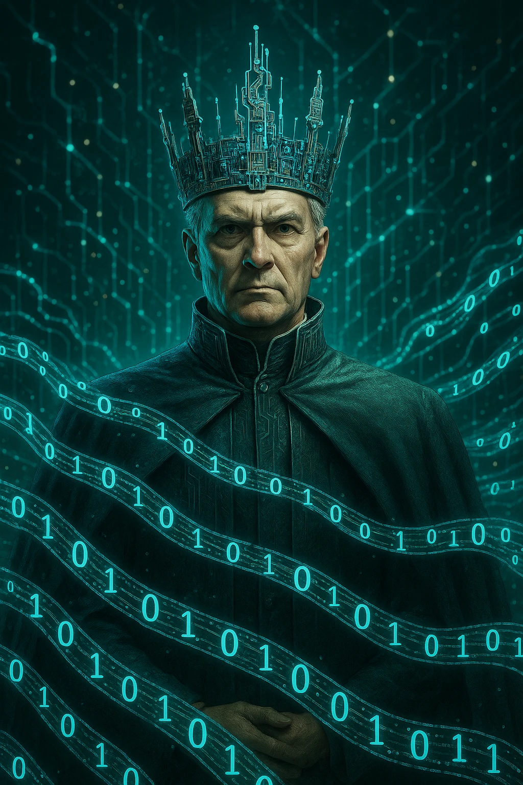 a data Governor, with a crown made of circuit boards and binary code, commanding presence emoji