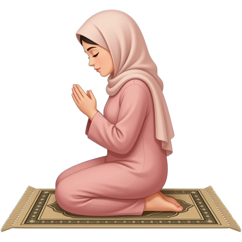 Muslim woman in a soft-colored abaya sitting on a prayer rug (janamaz) from behind, praying. Faceless, peaceful. Full body, cartoon sticker style. emoji
