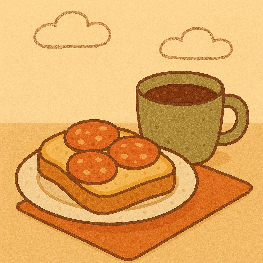 breakfast scene with salami bread and a cup of coffee, inviting, warm, simple background emoji