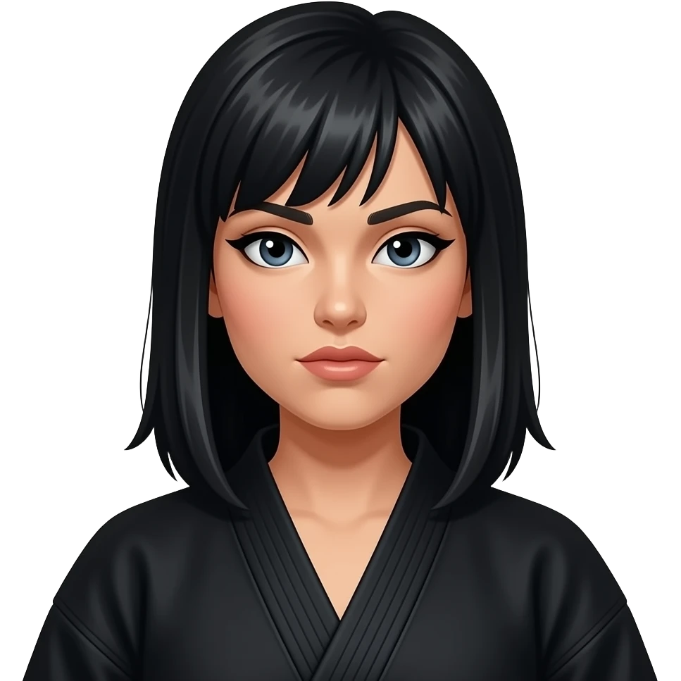 Woman wearing karate suit with jet black hair, sharp eyeliner emoji