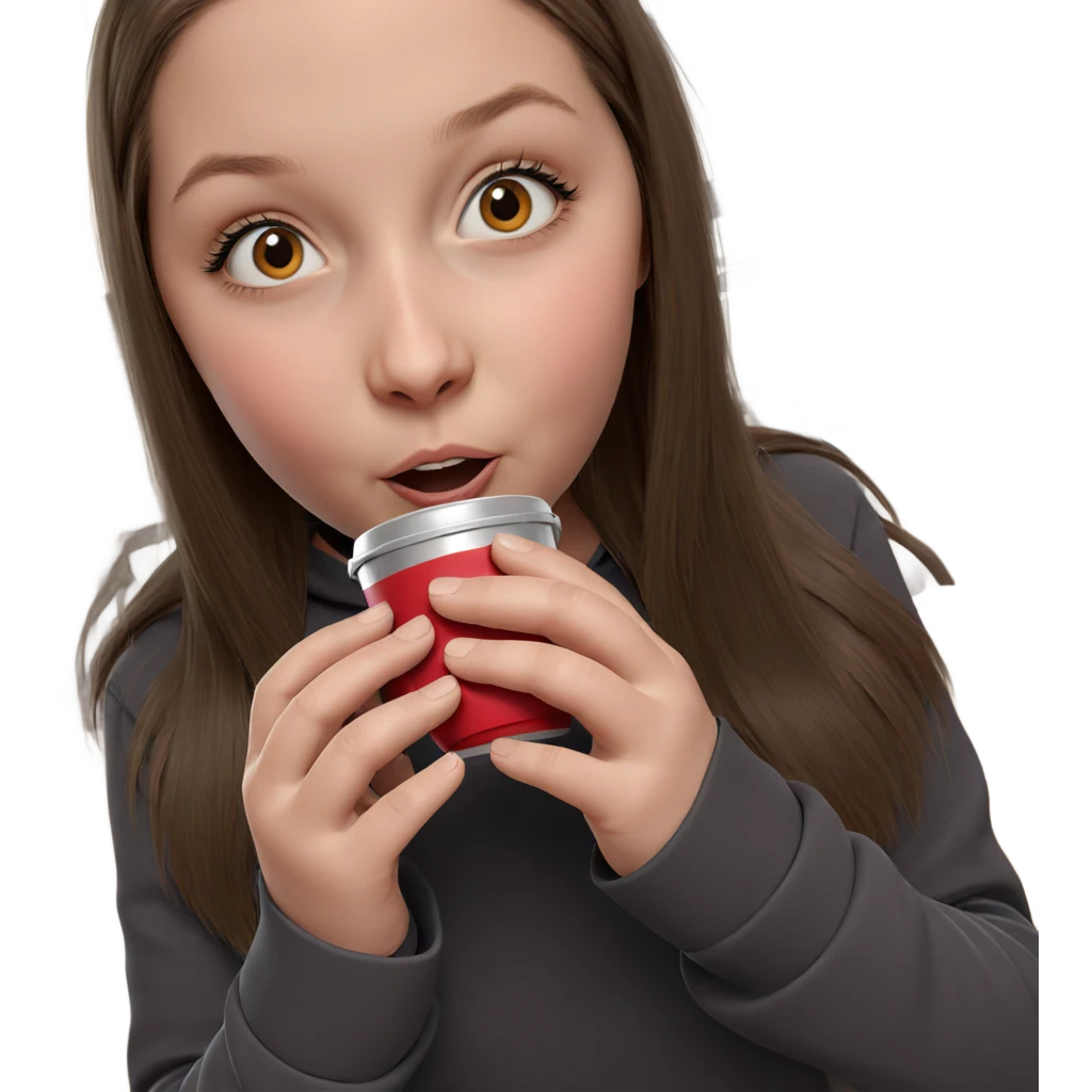 girl in kitchen with cup emoji
