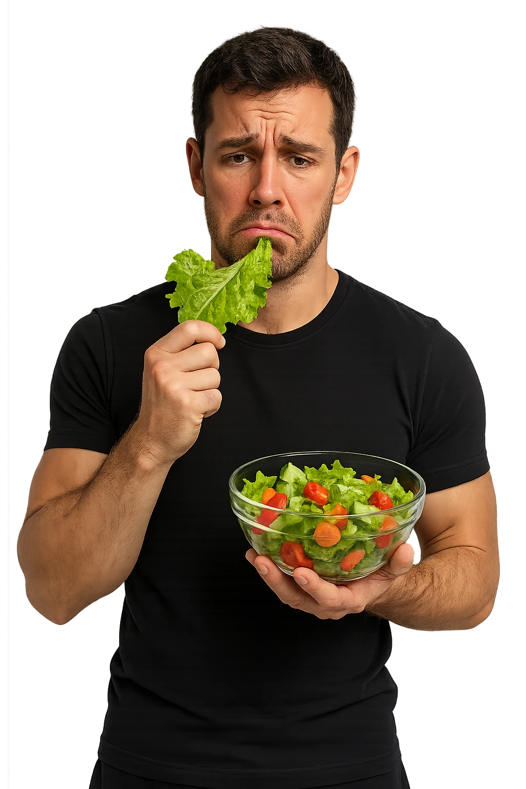 uomo fitness cON INSALATA IN MANO E FOGLIA DI INSALATA IN BOCCA, ESPRESSIONE TRISTE emoji