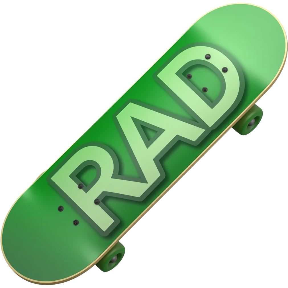 green skateboard with stylised RAD in capitals letters on the back with it emoji