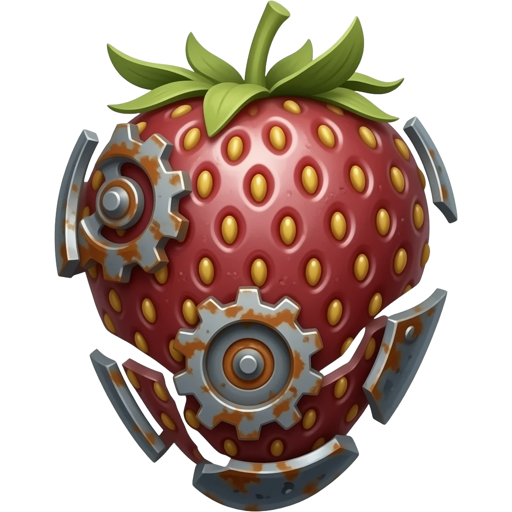cinematic - rusty broken mechanical steel strawberry emoji