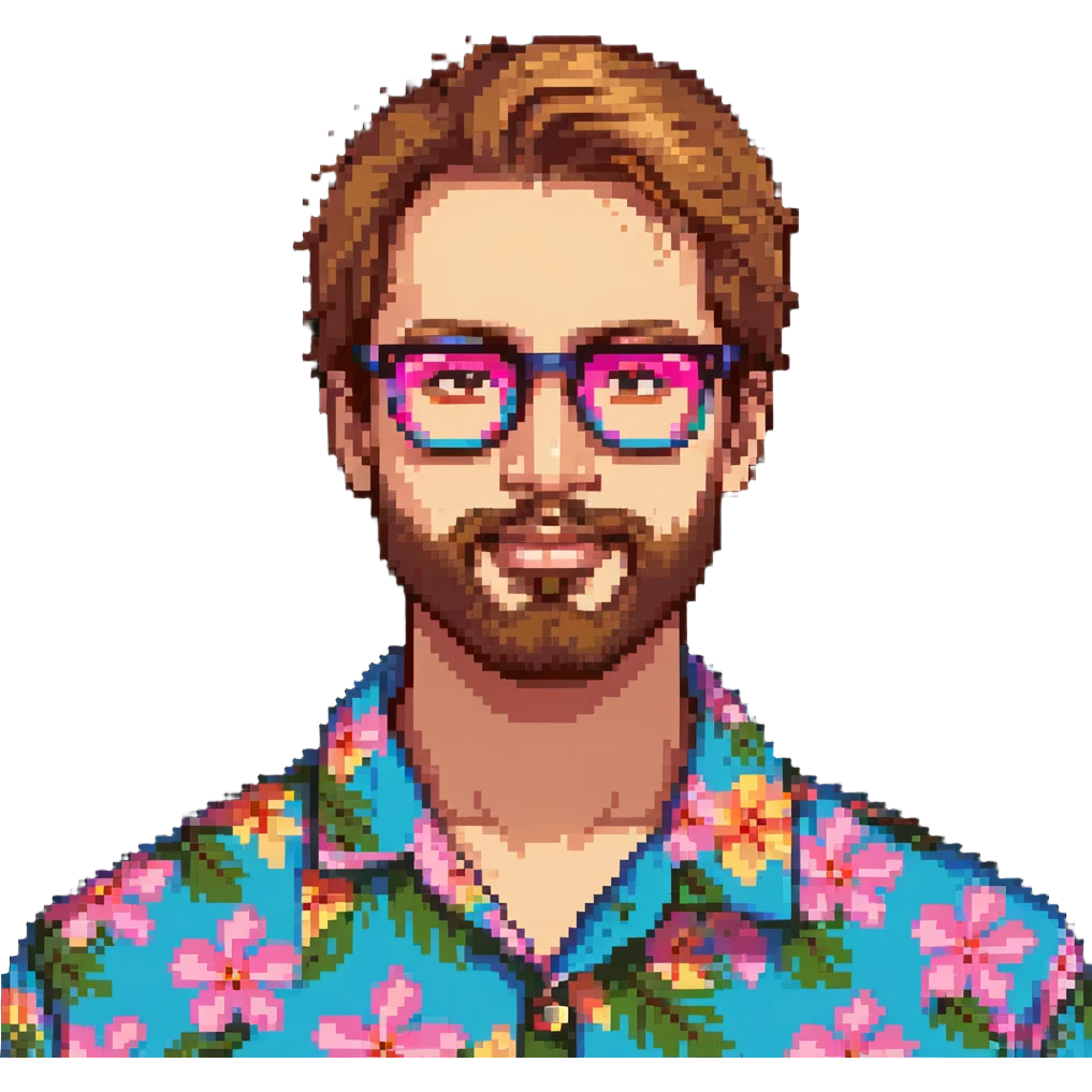 man with light skin tone, short light brown hair and beard, wearing a colorful Hawaiian shirt and pink glasses emoji