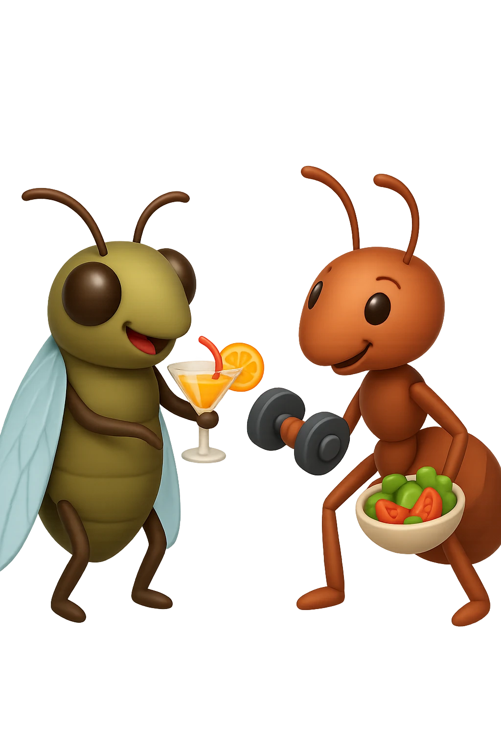EMOJI STILE IPHONE 3D DI una cicala e una formica che parlano tra loro, la formica ha nella mano destra un manubrio da palestra e nella nella mano sinistra una bowl di insalata, la cicala invece ha un cocktail in mano, la cicala prende in giro la formica, non fare i fumetti però emoji