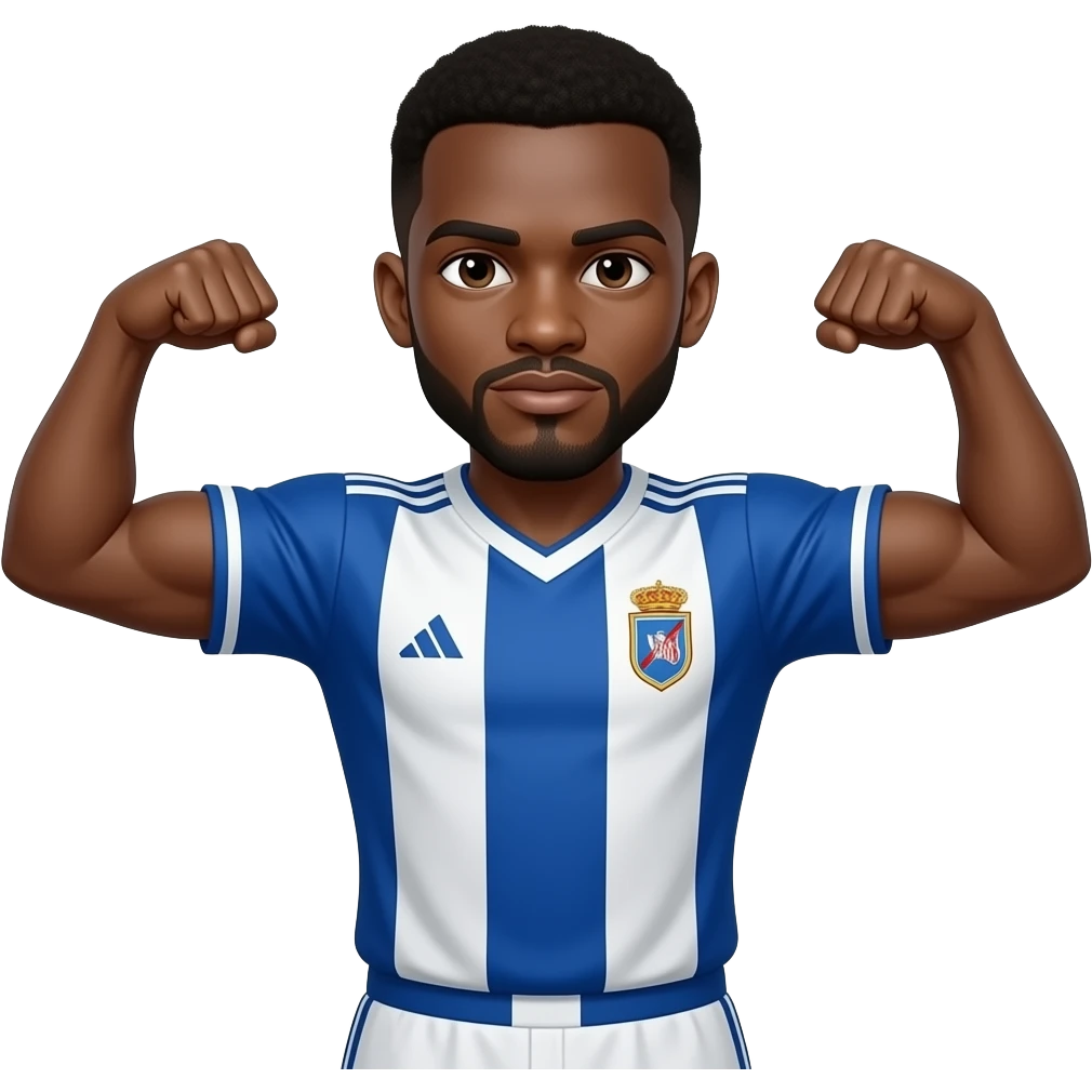 Black man with goatee double arm flex wearing a Real Oviedo home jersey emoji