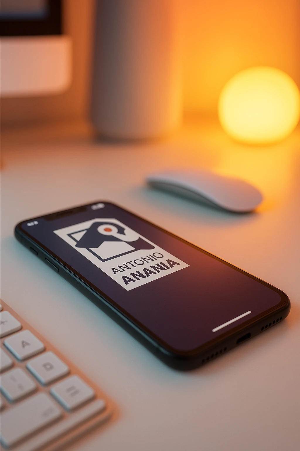 A photo of an iPhone on the desk with the message "Antonio Anania" on its screen, The phone sits atop a desk with a blurred background that suggests work environment. A faint glow from above casts gentle shadows across the surface of each object, creating depth and highlighting their textures emoji