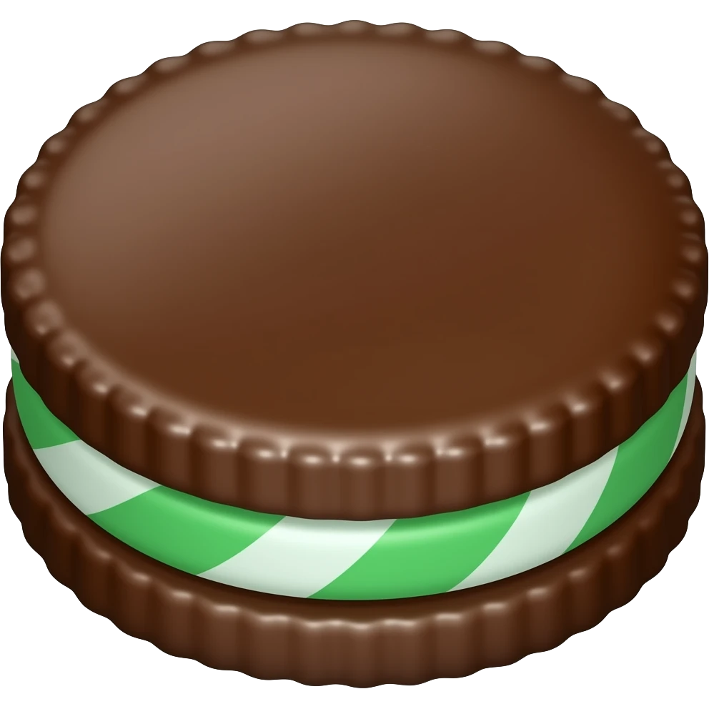 A Thin Mint is a small, round cookie cloaked in a smooth, glossy layer of rich chocolate. Beneath its dark exterior lies a crisp, airy wafer infused with refreshing peppermint flavor, creating a perfect balance of cool and sweet. emoji