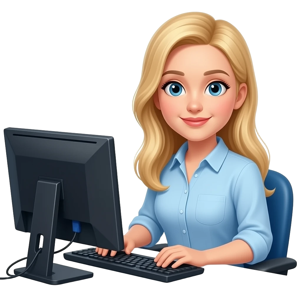 mulher loira jovem no escritório sentada mexendo no computador emoji