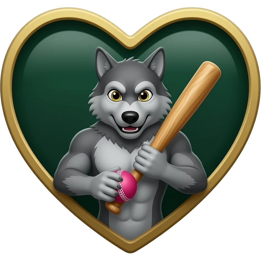 Dark Green and gold heart with a tough dark grey wolf holding a pink cricket ball and bat emoji