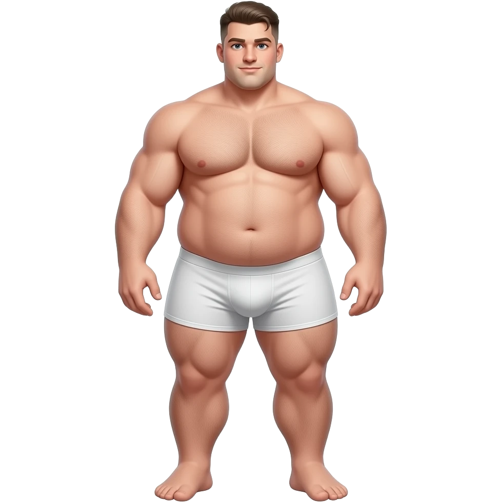 Strong very tall very wide ultra very very fat teen, gigantic big dick, cool hairstyle, cool fade, gigantic penis, large long feet, giant penis, full body, fat, in white boxers that make his gigantic thighs and cock look bigger, fat tits emoji