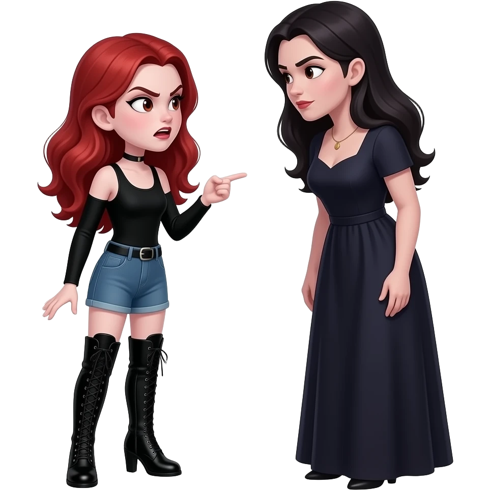 Vampiro femmina adolescente 12 enne più bassa  con i capelli rossi pelle bianca indossa un TUBINO con maniche lunghe nero e degli stivali lunghi neri con tacco i capelli lunghi ondulati rossi che parla ARRABBIATA con la madre Vampiro che ha un vestito neroadulta e  si guardano negli occhi emoji