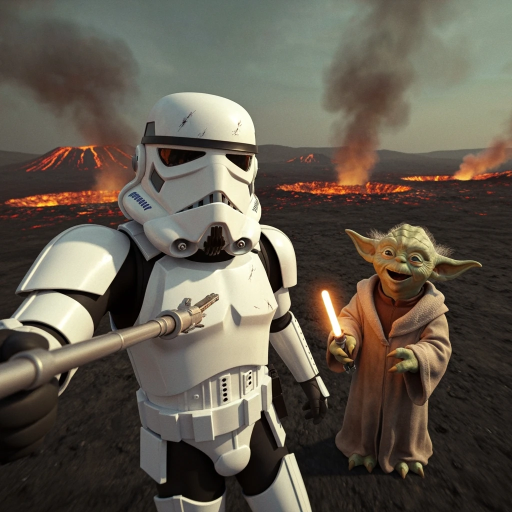 Camera POV, Starwars stormtroopers vlogging selfie, he is walking on lava planet with yoda emoji