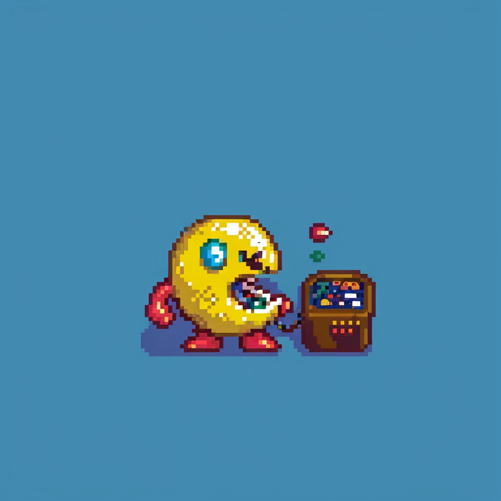 Pac-Man character eating dots in 8-bit arcade style emoji
