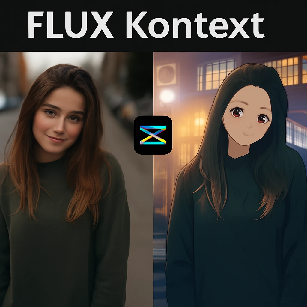 recreate this image and add logo of  text "FLUX Kontext" on top of it emoji