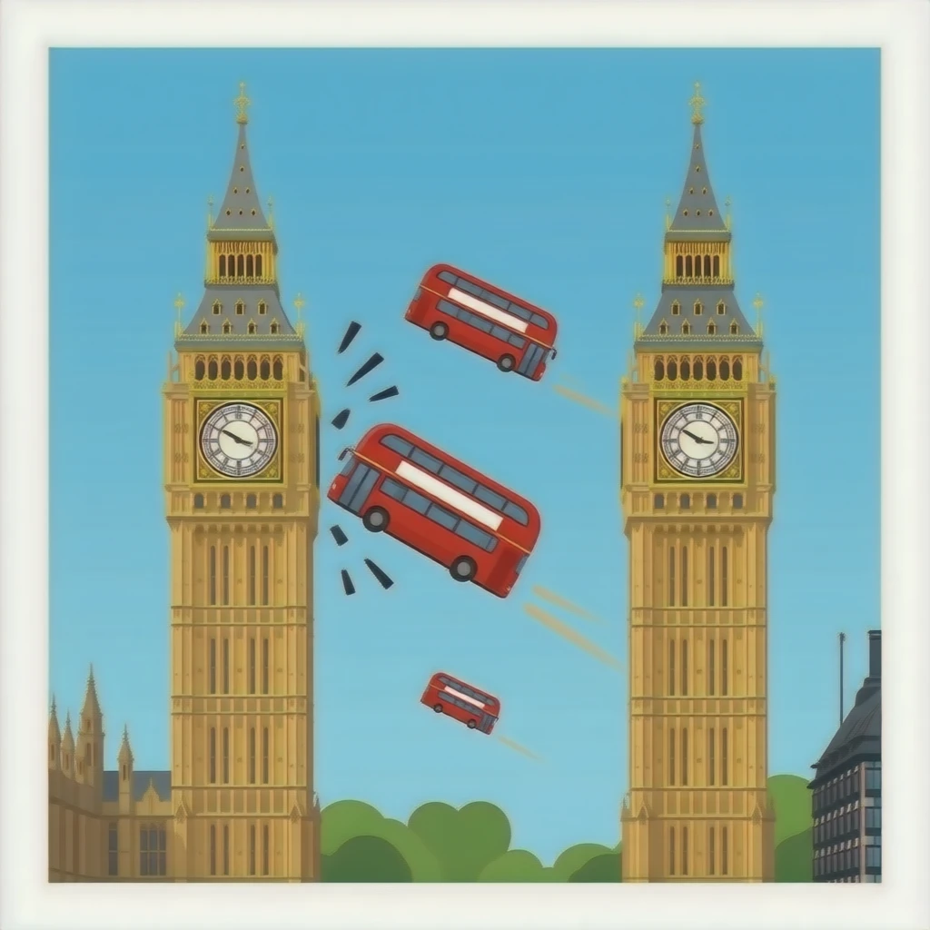 two british towers getting hit by flying british buses emoji