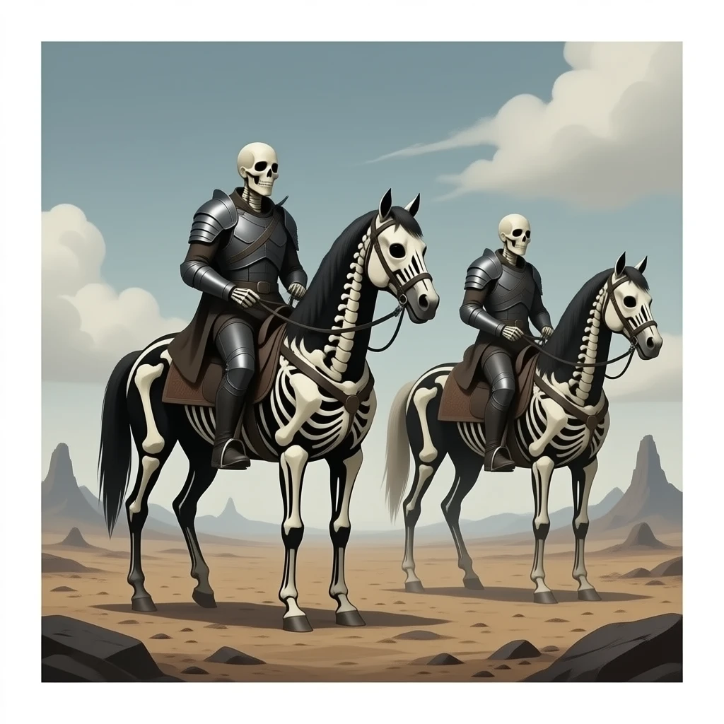 cinematic realistic - riders of the Apocalypse, after a graphic by Albrecht Dürer in a desolate landscape on horse skeletons emoji