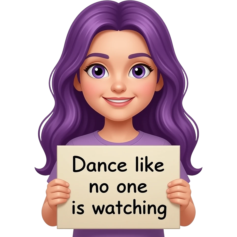 girl with long purple hair holding a DANCE like NO ONE is WATCHING sign emoji