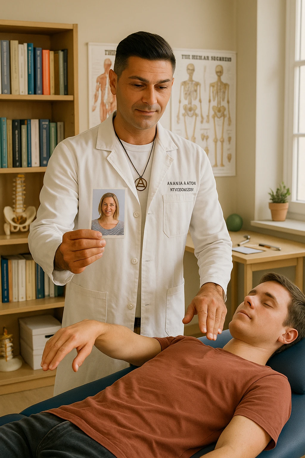 a middle-aged man, dressed in casual professional attire, is in a bright, organized therapy studio. Durante una visita di kinesiologia, il ragazzo tiene con una mano la foto di una persona lontana (il “testimone”) tiene la foto in mano, mentre con l’altra mano esegue un test muscolare su un cliente presente senza foto. Sullo sfondo si vedono libri di kinesiologia, poster anatomici e strumenti tipici della disciplina. L’atmosfera è concentrata e serena, con luce naturale che entra dalla finestra, sottolineando l’aspetto alternativo e umano della pratica. emoji