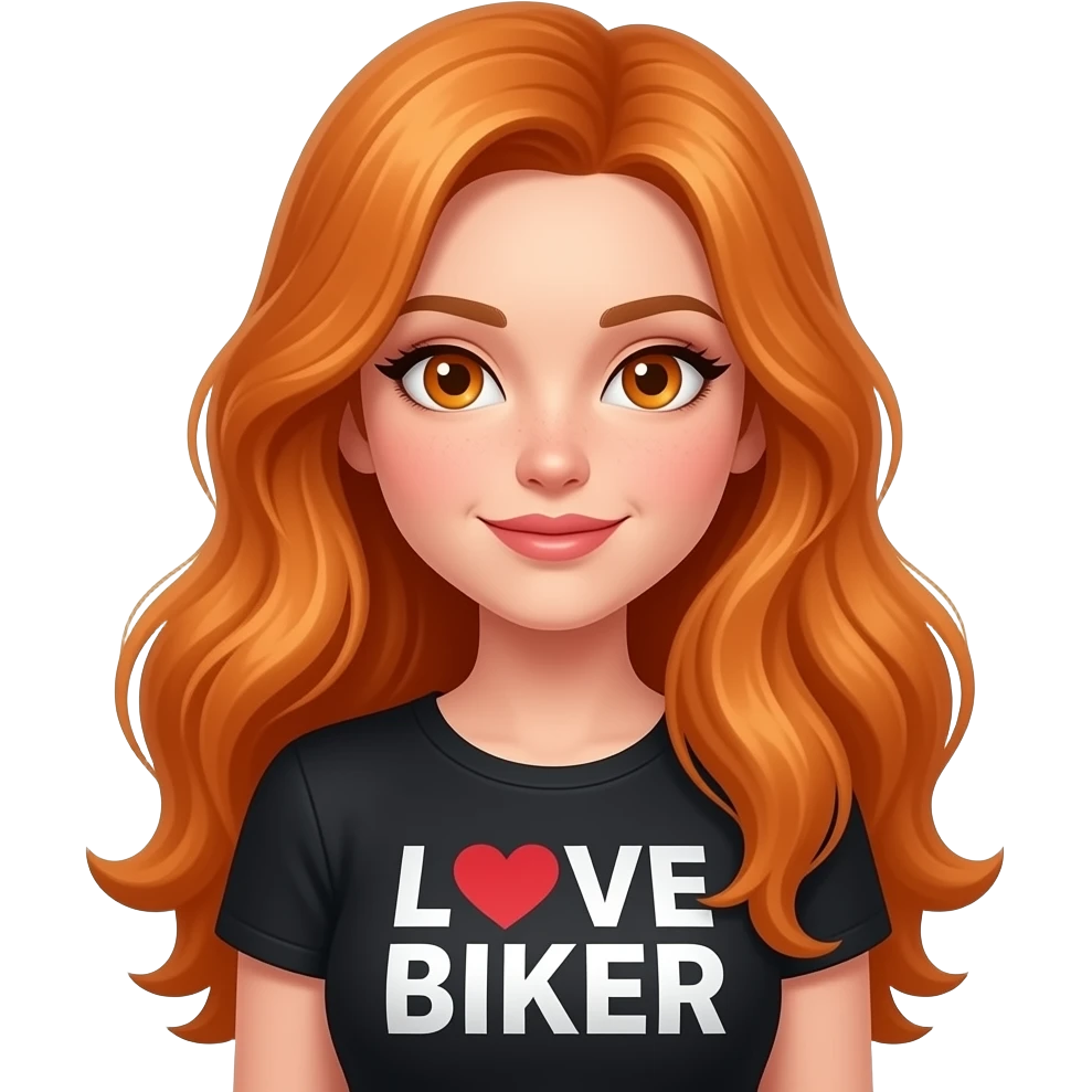 sexy girl with long ginger hair and ginger eyes a top with LOVE BIKER written on it emoji